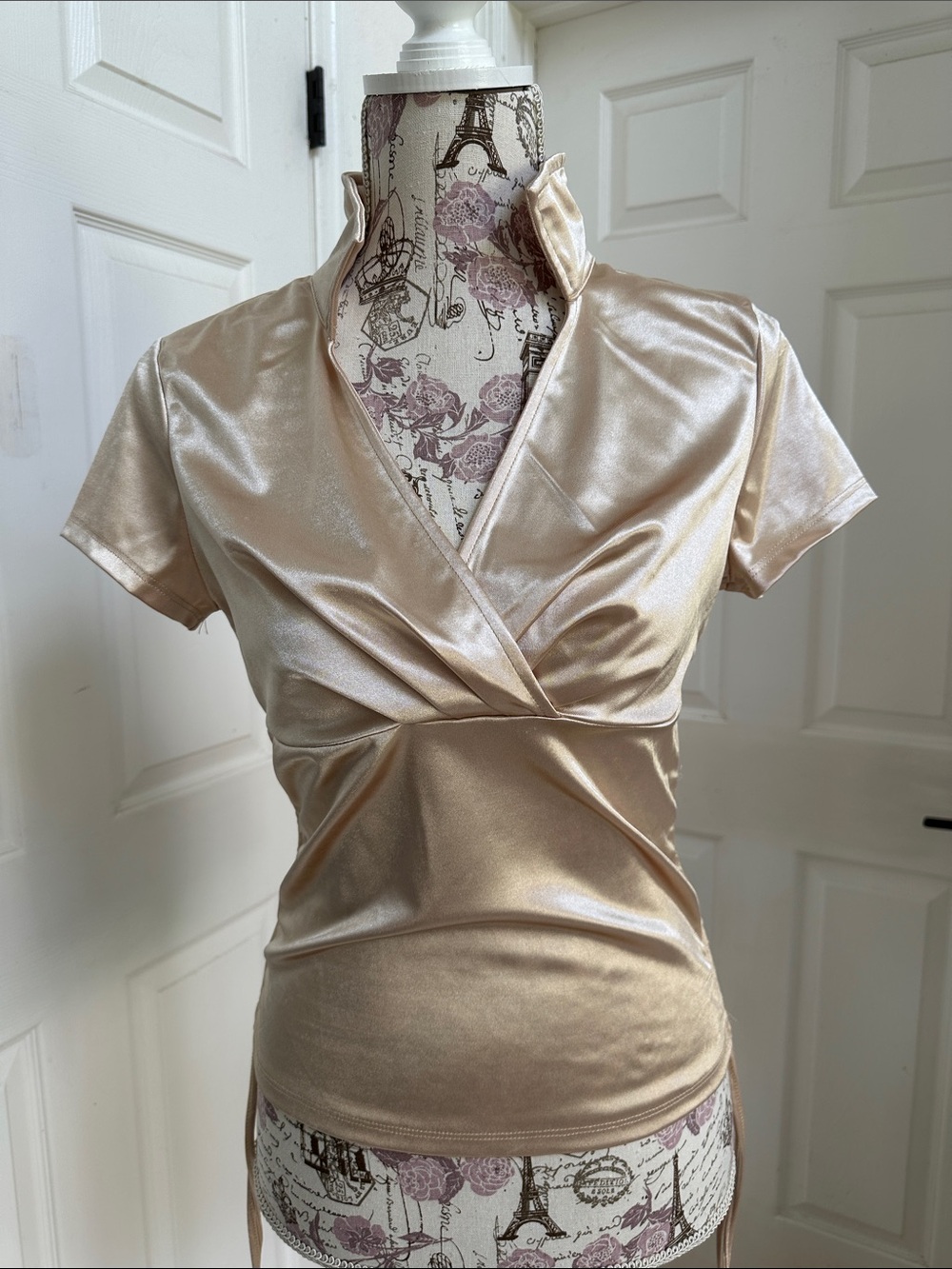 No Boundaries Women’s Satin Wrap-Style Short Sleeve Top in Champagne Color M